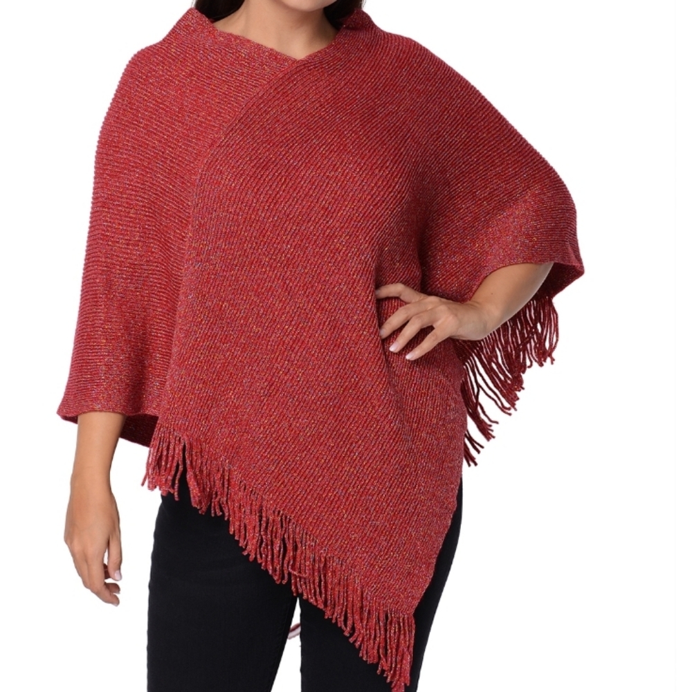 Poncho Red Vneck w/Fringe